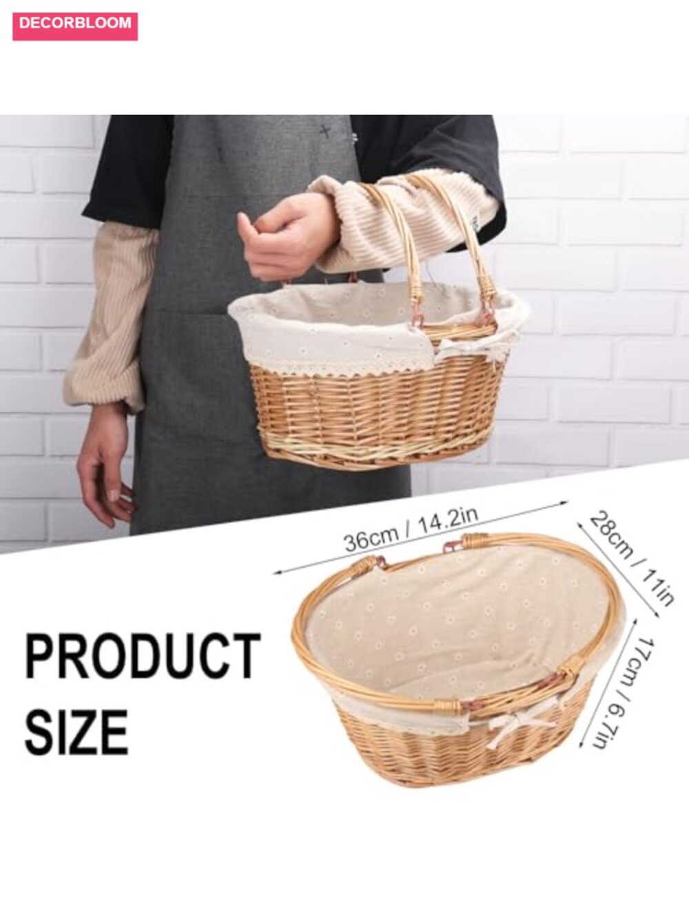 Willow Wicker Picnic Basket with Handle & Liner Oval Woven Storage Basket - Picture 2 of 6